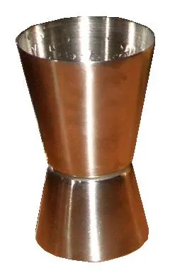 Stainless steel Japanese-style cocktail jigger on a bar
